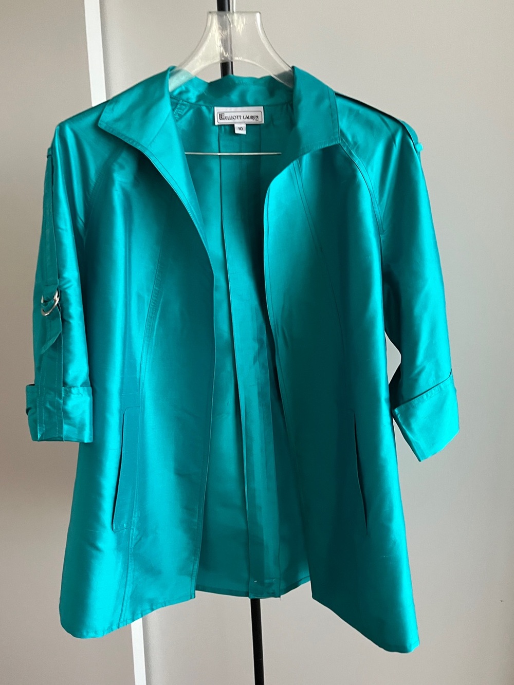 New Elliott Lauren Women Teal Blue Silk Open Front Jacket Roll Tab Sleeve Sz 10